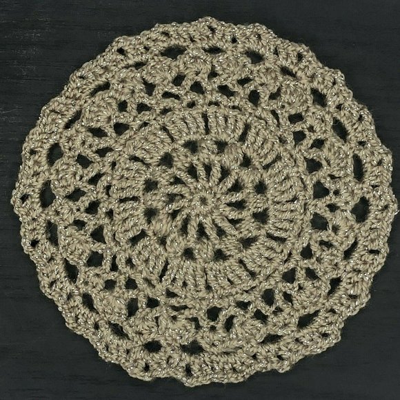 Handmade Crochet Boho Doily Puff Dark Tan Sparkles Decor Plant Pot Coaster 5.5" - Picture 1 of 6